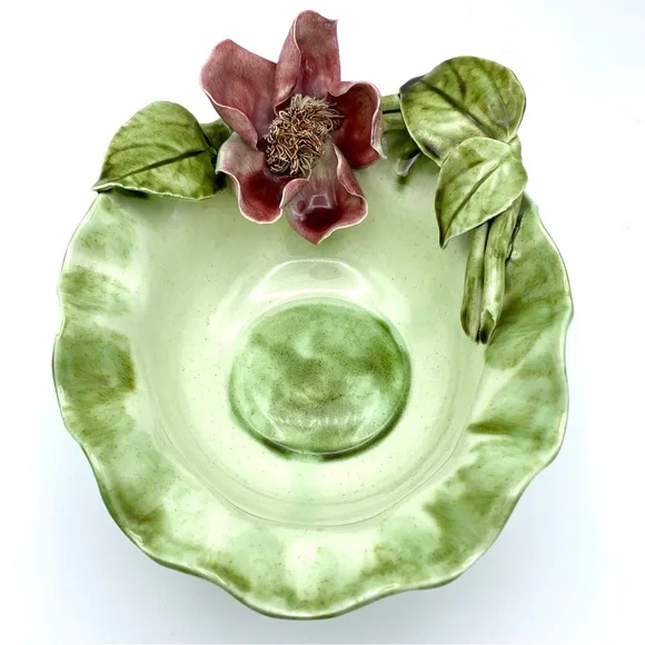 Vintage Majolica Pottery Bowl 8” Green Leaves Pink Capodimonte Raised Flower - Picture 5 of 16